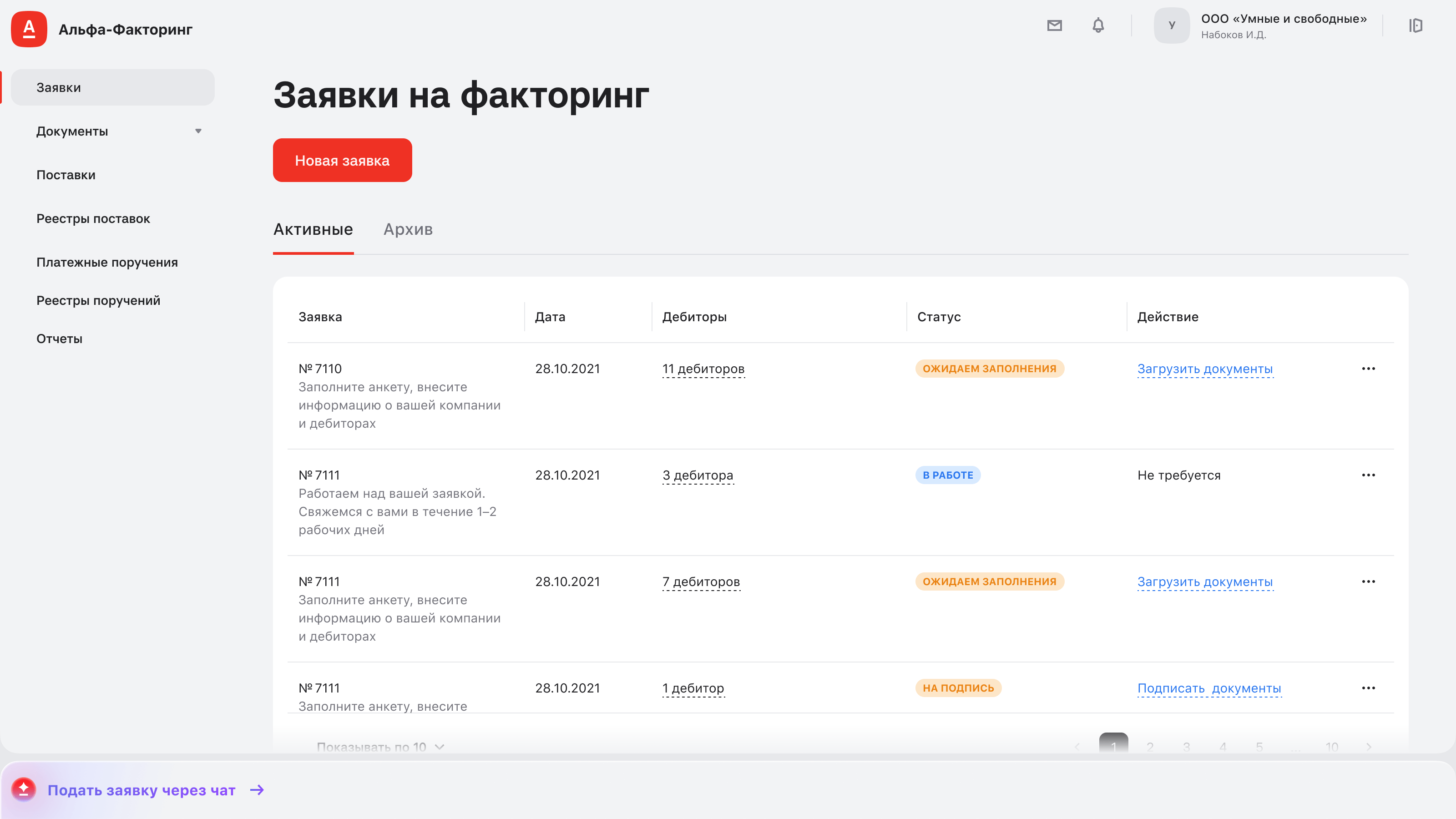 Alfa-Factoring applications dashboard